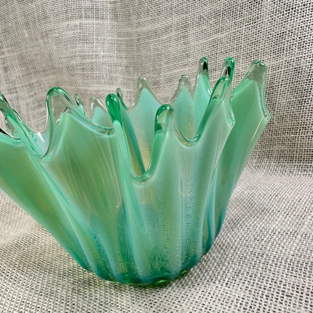 Fostoria Heirloom Green Opalescent Handkerchief Bowl MCM Art Glass Vintage